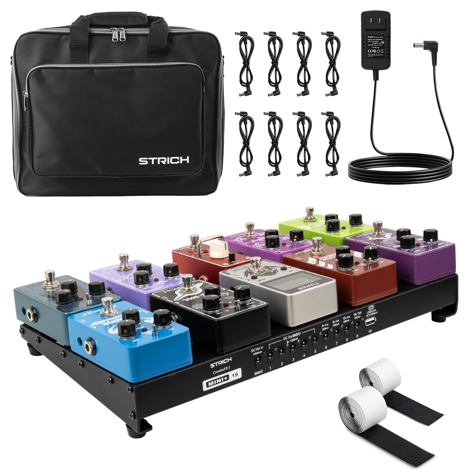 Photo 1 of STRICH Guitar Pedal Board with Built-in Power Supply, Pedal Board 15 x 7.8" Lightweight Aluminum Alloy, PedalBoard with Pedal Cables, Bag, Hook Loop Strips PB-MP15