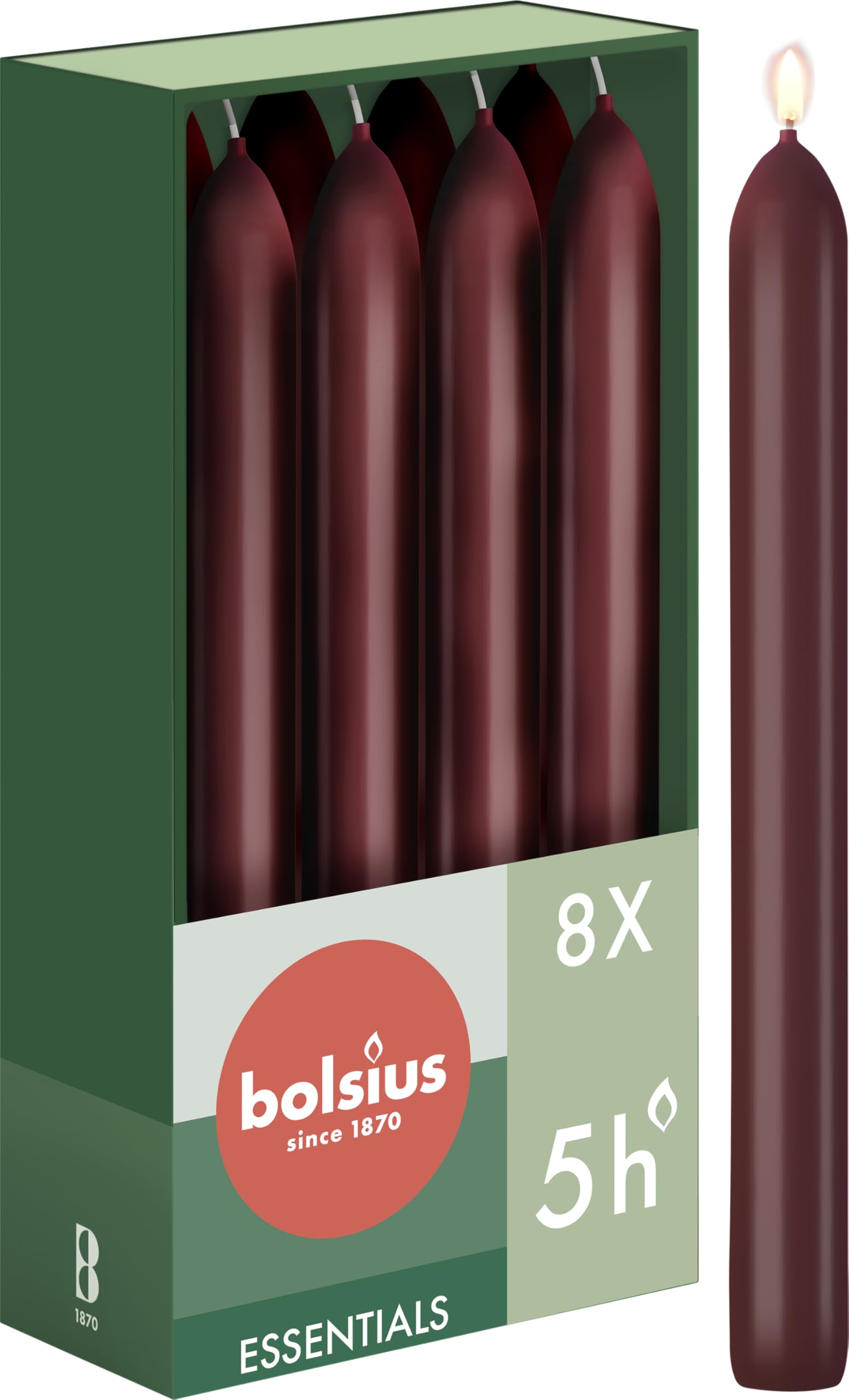 Bolsius Tapered Dinner Candles – Dark Red – 8-Pack – 6.7″ – Long Burning Time of 5 Hours – Unscented – Includes Natural Vegan Wax – Without Palm Oil