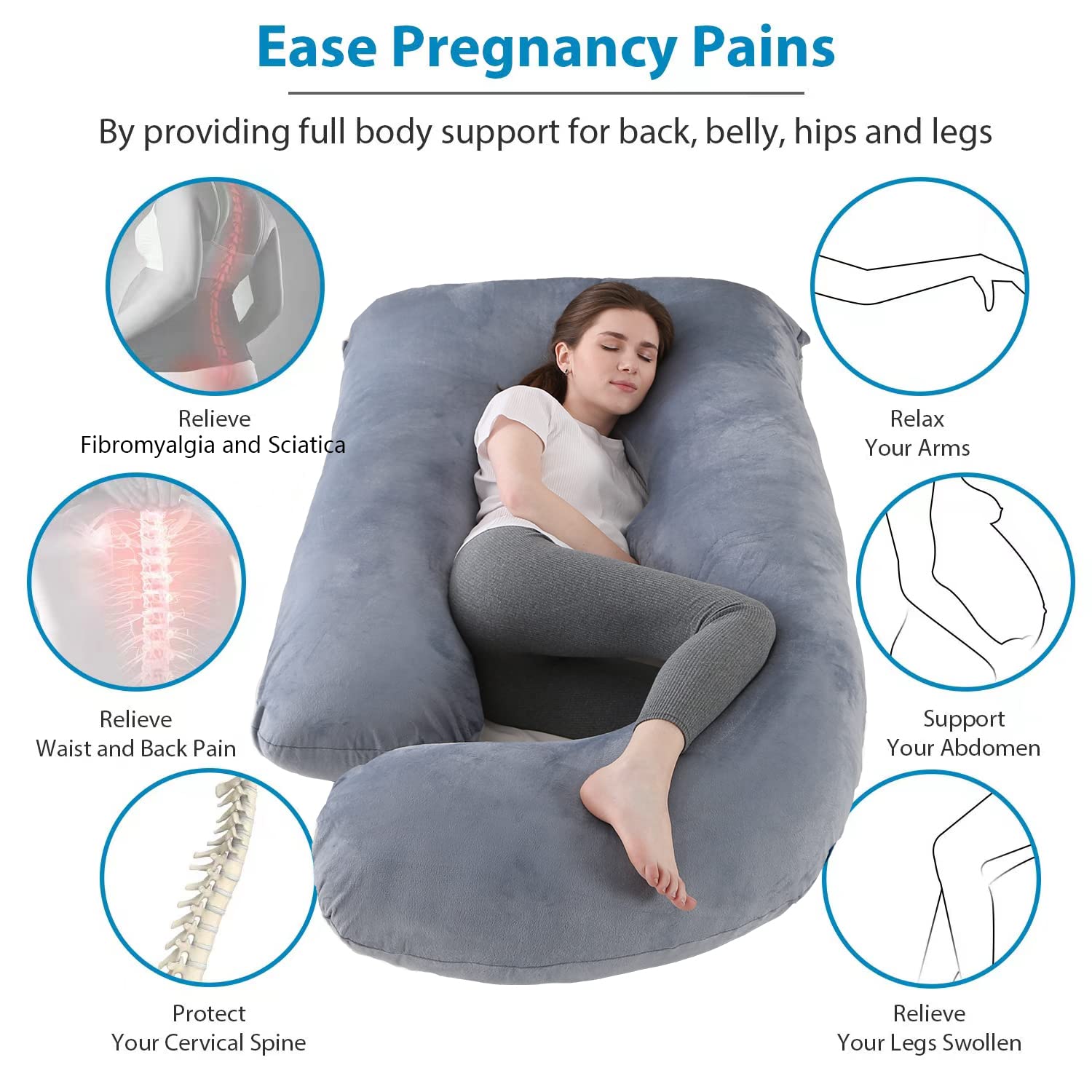 Pregnancy Pillow J-Shaped Full Body Pillow, 59 inch with Velvet Cover Easy to Remove and Wash, Support Pregnant Women's Backs Legs and HIPS, Improve Sleep,Pregnancy Pillow for Women ，Gray