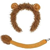 Beviliu Lion Ears and Tail Set, 2 Pieces Lions Costume Plush Realistic Animal Ears Headband, Halloween Christmas Cosplay Animals Party Lion Costume Accessories, Make up Dressing up Headband for Adult