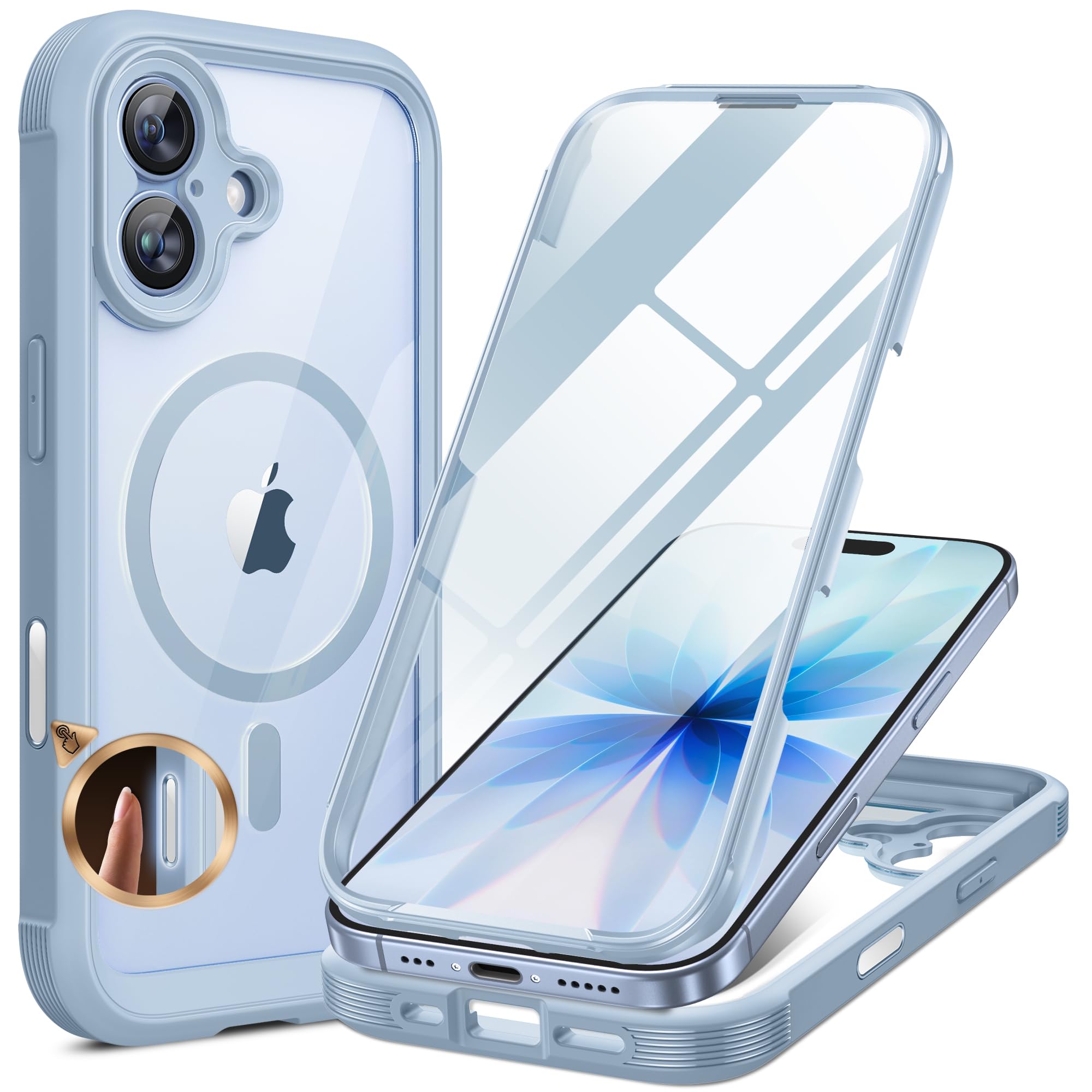 Miracase for iPhone 17 Case 6.3'', Full-Body Military Grade Drop Protection Outdoor Phone case with Built-in Glass Screen &Camera Control,Easy Installation,No Gap,Compatible with MagSafe,Light Blue