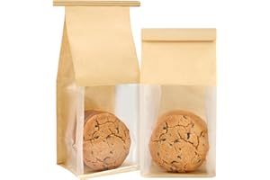 Ohuimrt 50 PCS Small Bakery Bags with Windows, 3.9 x 3.5 x 9.5 Inch Tin Tie Tab Lock Paper Cookie Bags Bake Sale Packaging for Muffins, Desserts, Brownies, Treats, Pastries, Popcorn, Candies
