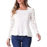 Allegra K Lace Tops for Women's Square Neck Long Sleeve Stertch Elegant Casual Peplum Blouse Top
