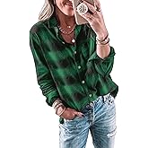 Wenrine Womens Long Sleeve Button Down Shirt Casual Plaid Flannel Shirt Collared Blouse Tops