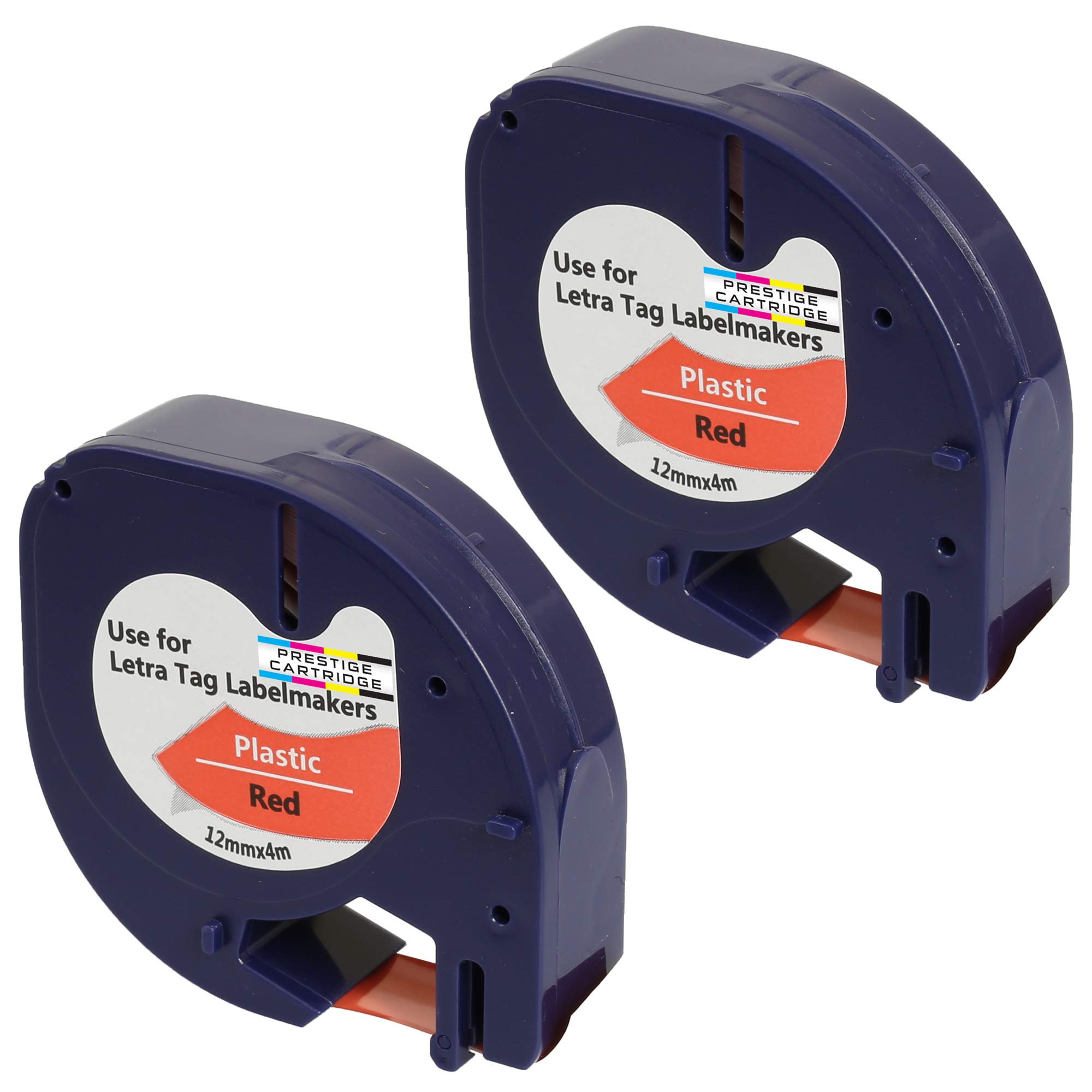 Prestige Cartridge 2 x Compatible Plastic Tapes 91203 S0721680 S0721630 Black on Red (12mm x 4m) Replacement for Dymo LetraTag LT110T, LT100H, LT100T, QX50, XR Label Makers