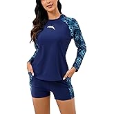 Halcurt Women's Built in Bra Rash Guard Long Sleeve Swimwear UPF 50 Two Piece Swim Shorts and Tops