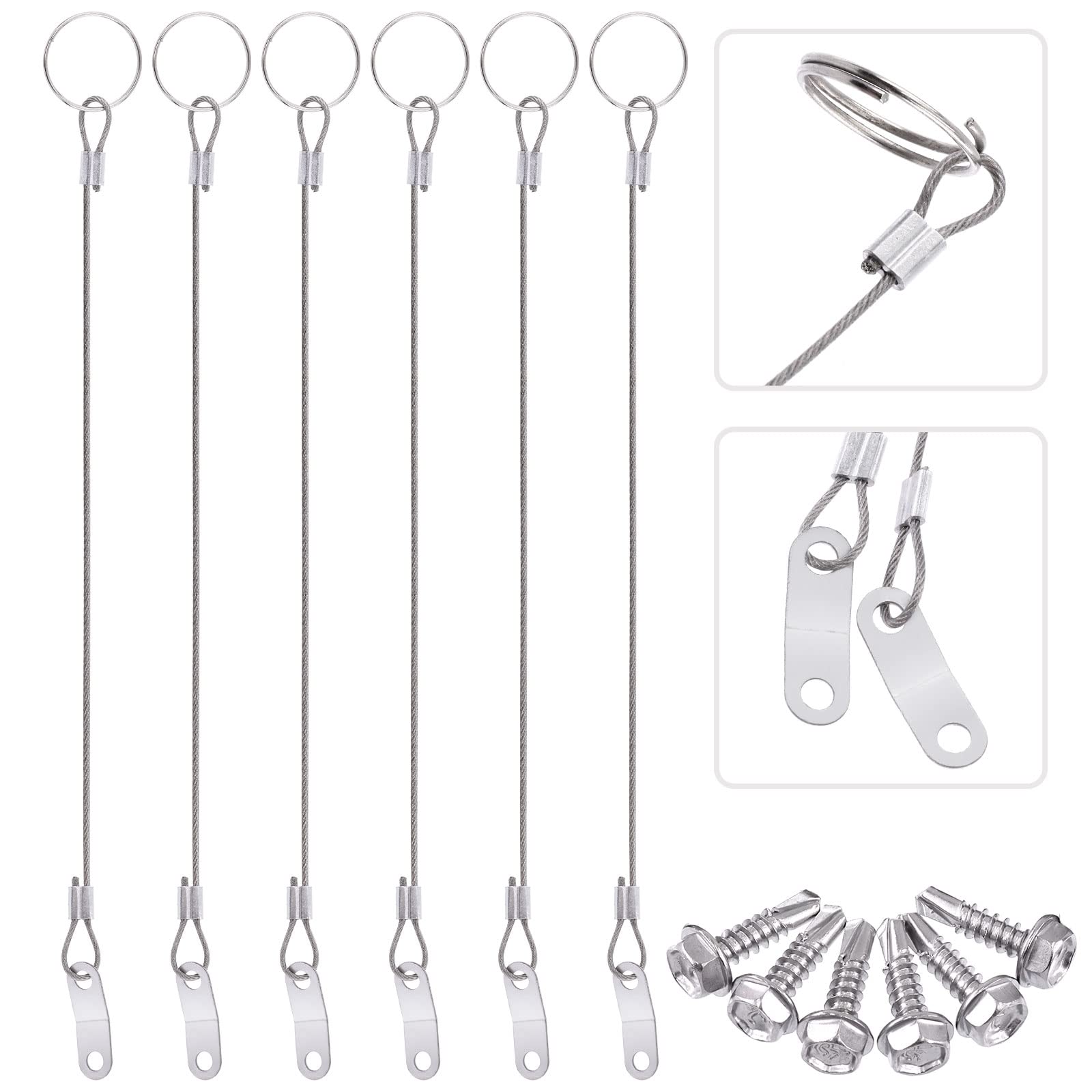 Glarks 6Pcs Stainless Steel Quick Release Ring with Lanyard Cable Safety Tether, 8.6 Inches, for Pipe Clips, Ship Outfitting, Bicycles, Cars, Boats