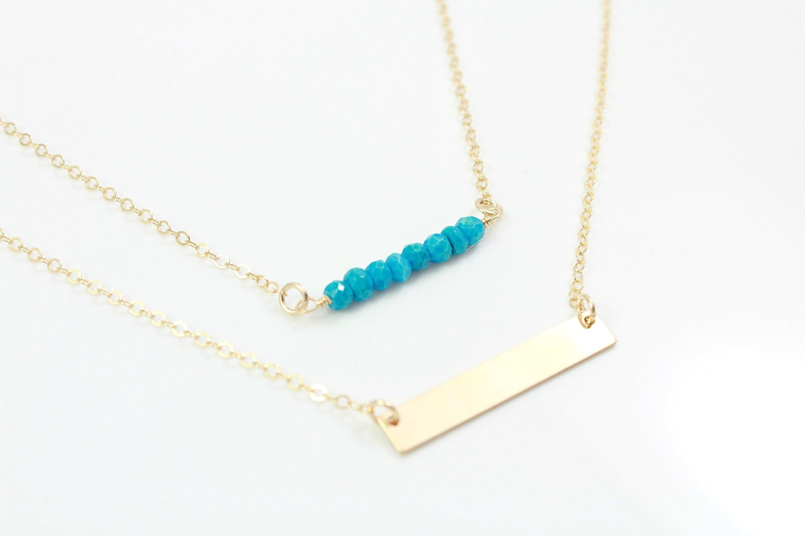 Turquoise Choker & Gold Bar Necklace Set in 14k Gold Fill – Layering Necklaces – Dainty Gold Charm Set