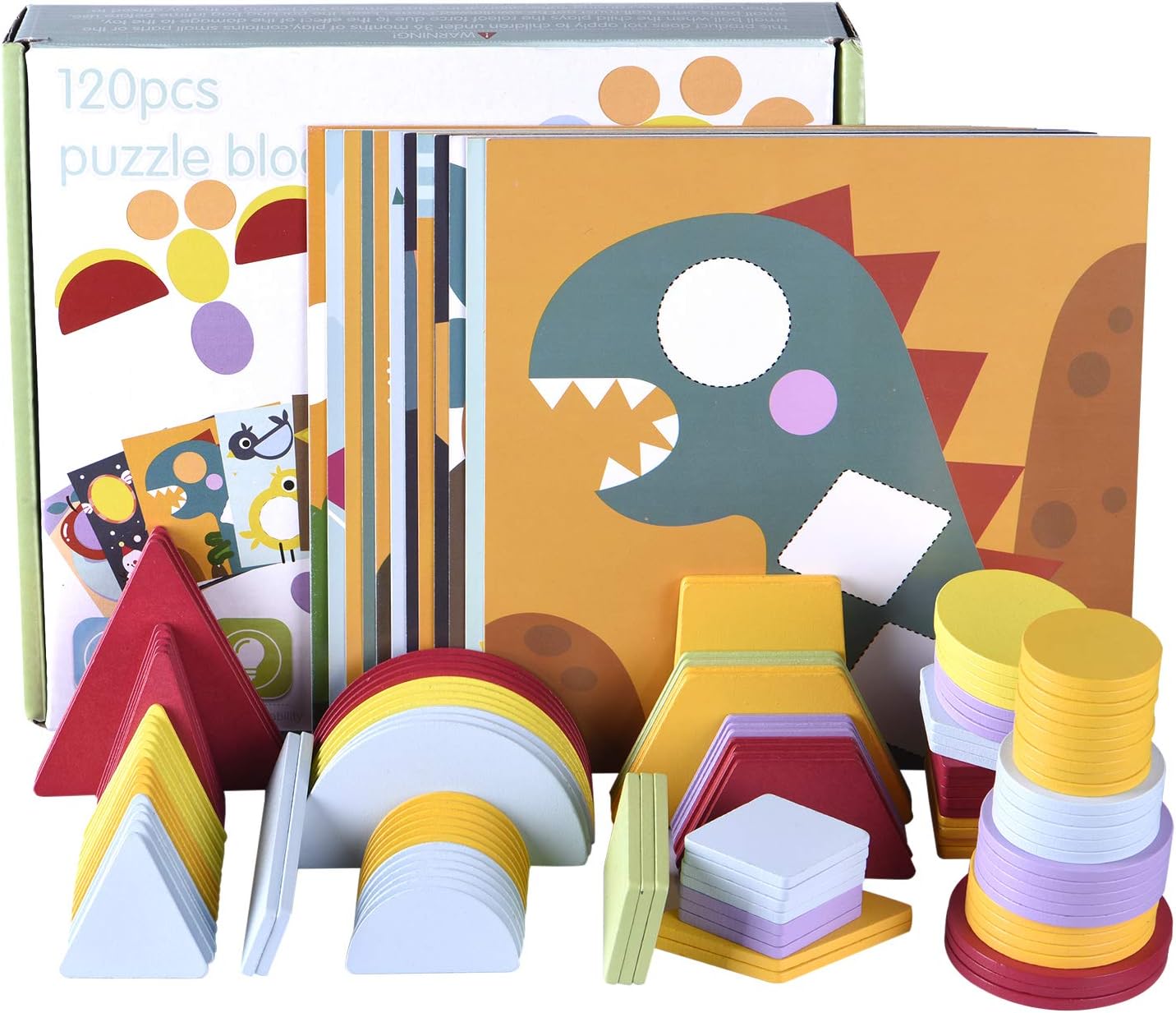 Supkiir Beginner Wooden Pattern Puzzle Blocks Educational Toy, 12 Double-Sided Scenes and 120 Pcs Colorful Blocks for Preschool or Kindergarten Kids