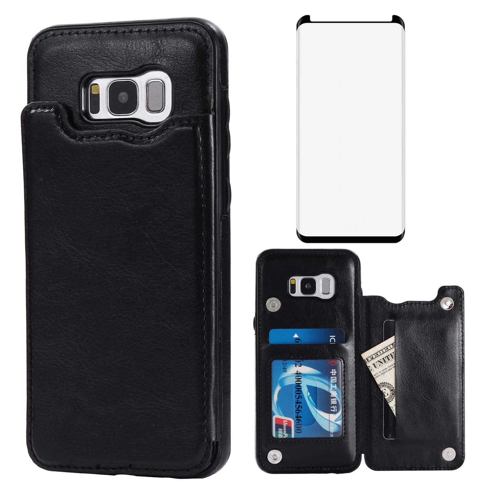 Asuwish Compatible with Samsung Galaxy S8 Plus Wallet Case and Tempered Glass Screen Protector Card Holder Stand Leather Flip Cell Phone Cases for Glaxay S8plus S 8 8plus 8S Edge S8+ SM-G955U Black