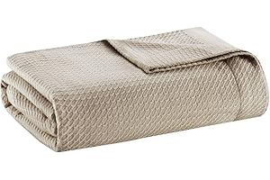 Madison Park Soft Certified 100% Egyptian Cotton Breathable Cozy Blanket, Premium Waffle Knit Classic Design, Luxury All Season Lightweight Cover for Bed, Couch and Sofa, Khaki King(108"x90")