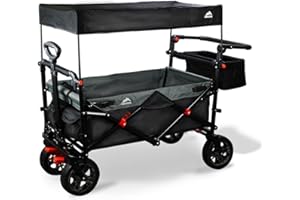 MAIZOA Foldable Wagons with Removable Canopy, Seat Belts, Reversible Handlebar, Removable Canopy, 220lbs Weight Capacity, Folding Wagon for Ages 1+ Years Suitable for Family Travel, Cargo