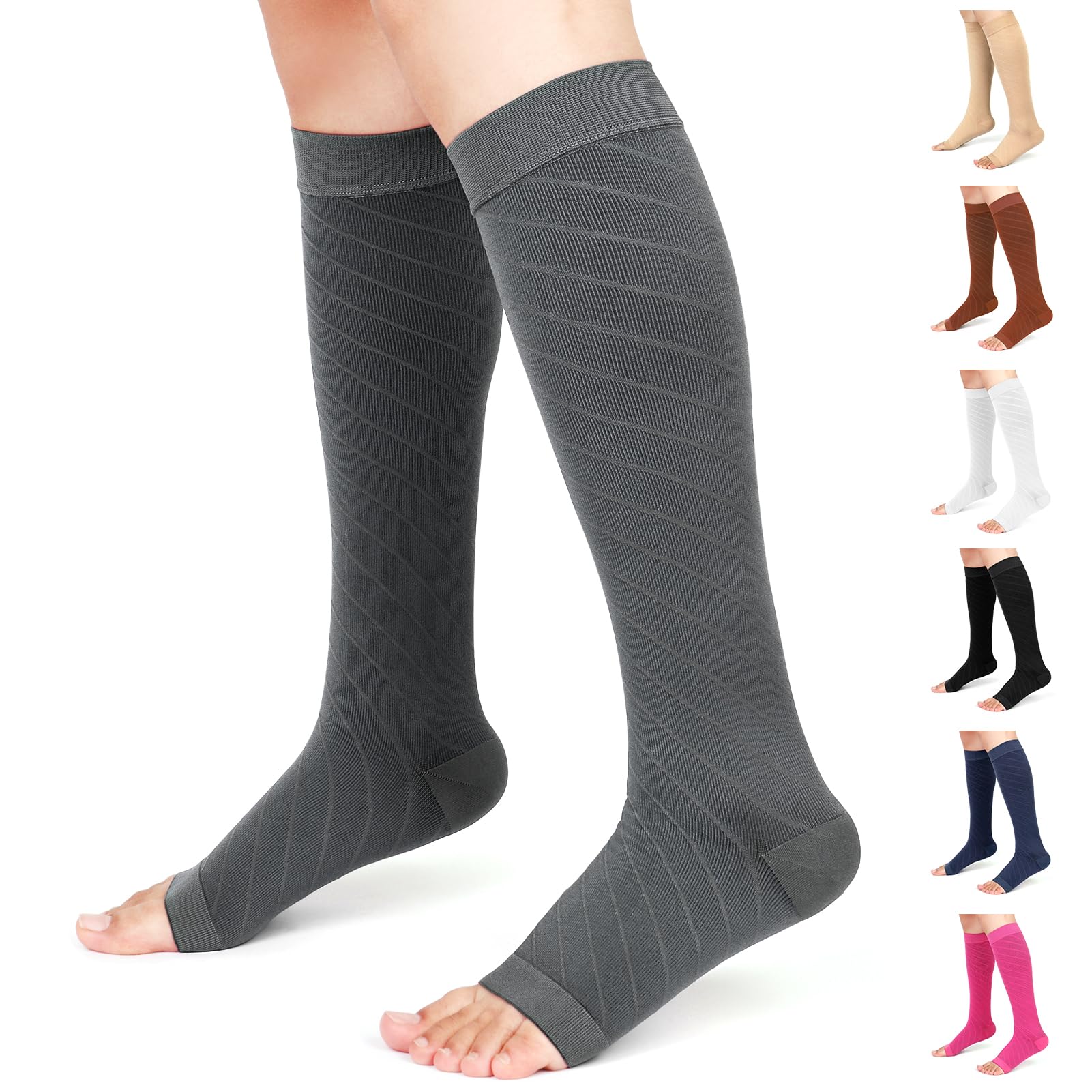 Photo 1 of Ailaka Knee High Compression Socks for Men Women, 20-30 mmHg Firm Graduated Support Stocking Open Toe Varicose Veins Socks for Travel, Flight, Pregnancy, Recovery
