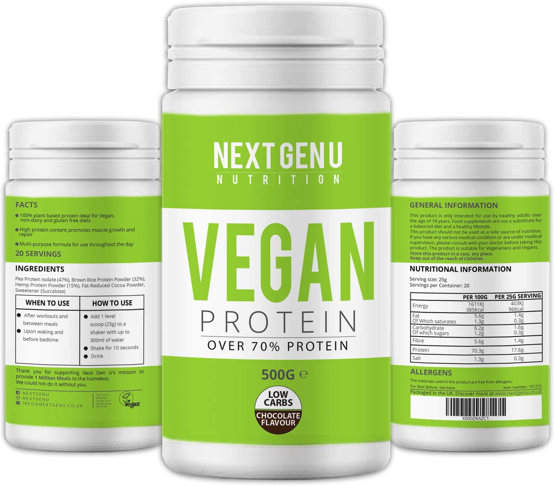 Next Gen U | Vegan Chocolate Protein Powder 500g | Over 70% Protein | Pea Protein Isolate Brown Rice Protein and Hemp Proteins Powders | Amino Acid Low Carbs Gluten Free Dairy Free Premium Nutrition