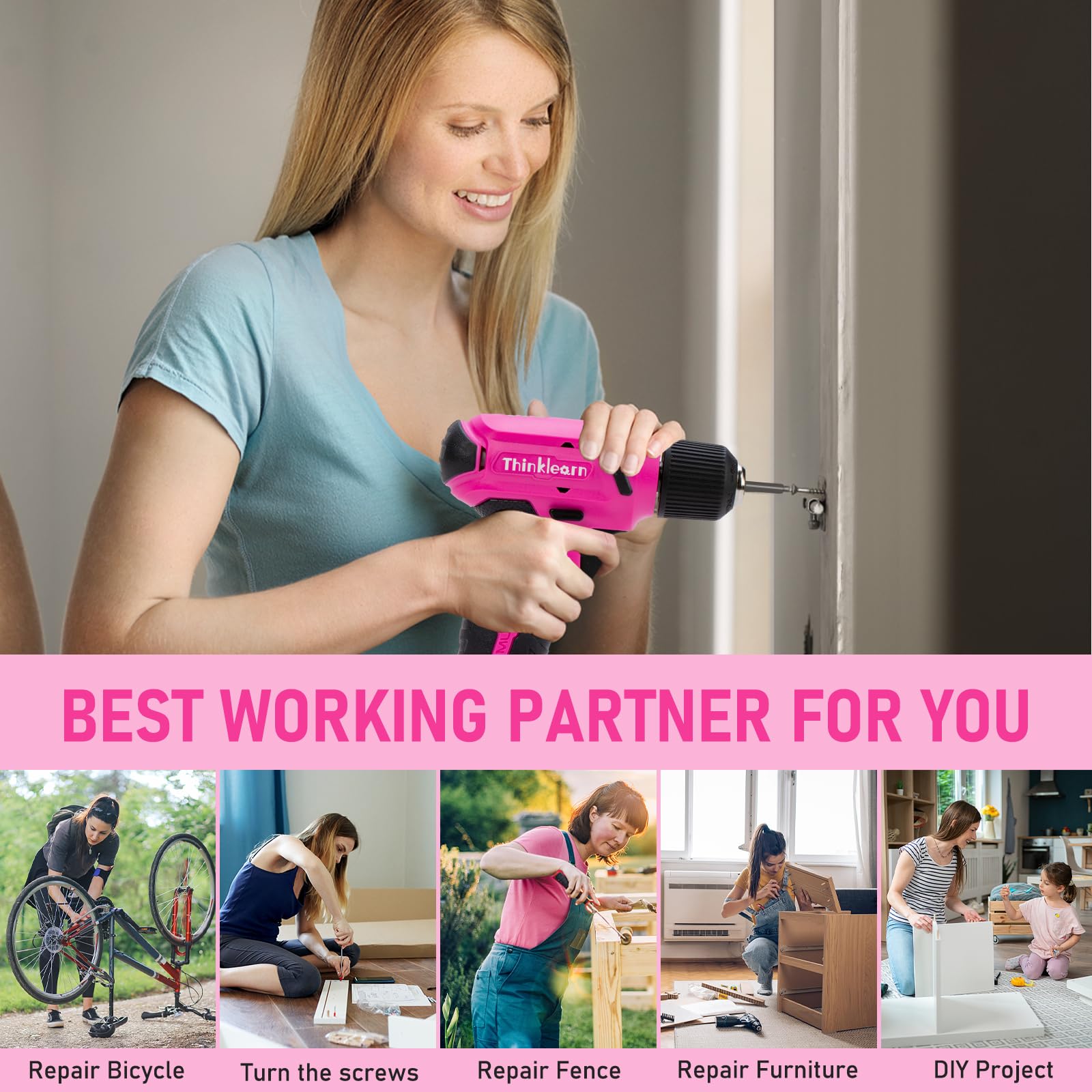 8V Pink Cordless Drill Set, Electric Screwdriver Drill Driver Set with 3/8
