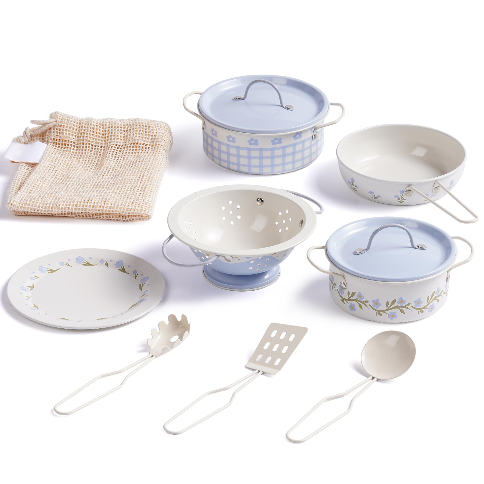ROBOTIME Kids Metal Play Pots and Pans Toys, Tinplate Pretend Cooking Utensils, Kitchen Cookware Set, Play Kitchen Accessories with Net Bag, Cream French Style for Kids Toddlers 3+ (Blue)
