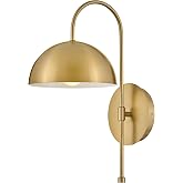 Lark Lou Medium Single Light Wall Sconce, Lacquered Brass Finish | Slender Gooseneck, Brass Metal Dome Shade, Hardwired or Plug-In, On/Off Switch, Hidden Mounting Hardware