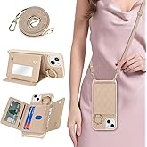 DEYHU for iPhone 14 Plus Case with Card Holder and Strap for Women,Crossbody Lanyard, Make Up Mirror,Ring Stand,Snap Clasp,Cute Phone Wallet Cases 6.7 inch - Off-White