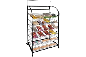 Tongmo Bakery Display Rack: Equipped with Wheels and Header Holder, 39.5" Wide Potato Chip Display Rack, 6 Shelves Snack Rack Display.(39.5", 6-Shelves, Black)