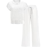 OUKODS Women Two Piece Outfits Crochet Sheer Knit Sweater Top Wide Leg Pants Lounge Matching Sets Sweatsuit Travel Clothes
