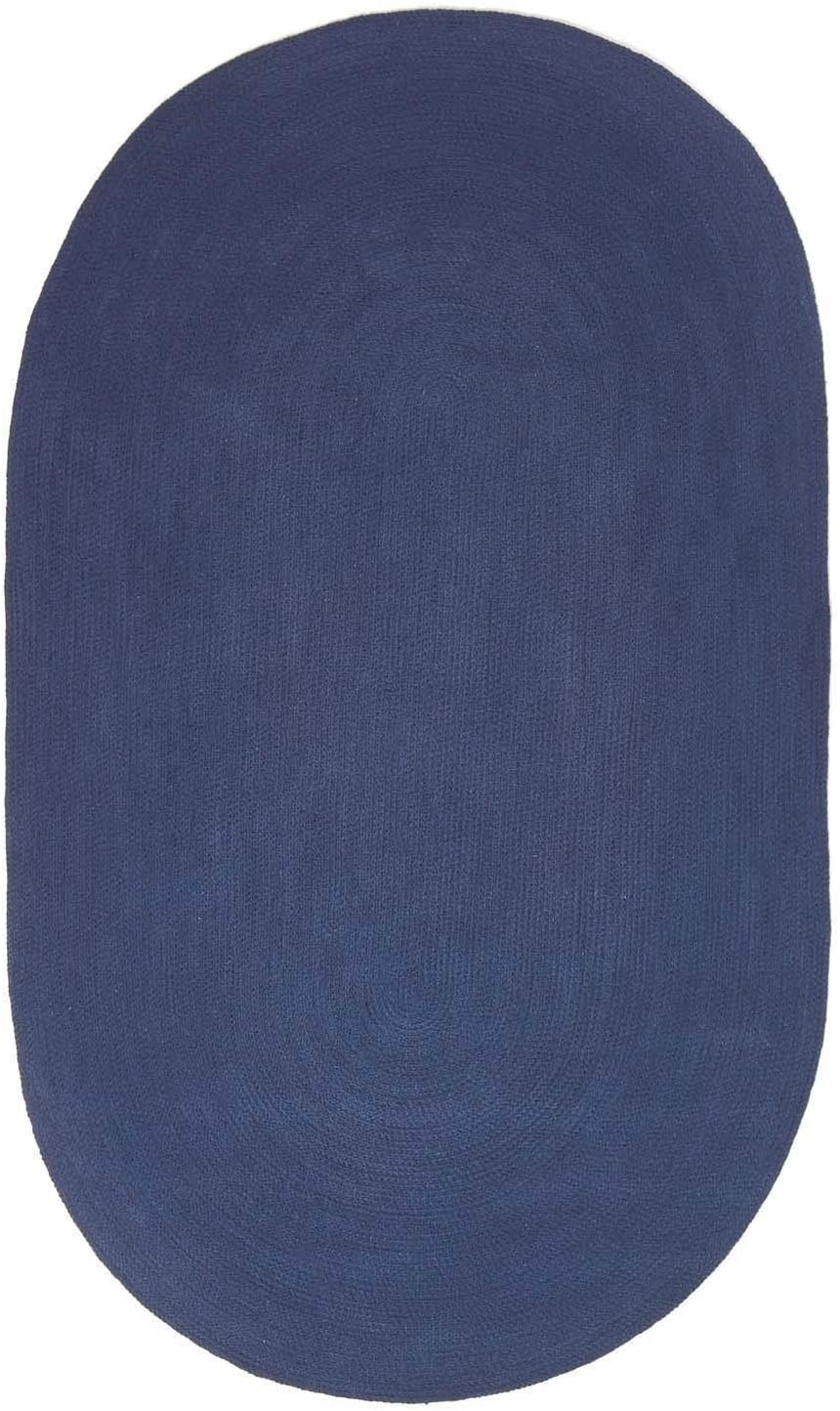 HOMESCAPES Navy Blue Handmade Braided Oval Rug For Bedroom & Living Room Reversible Woven Cotton Large Rug, 110 x 170 cm - Image 3