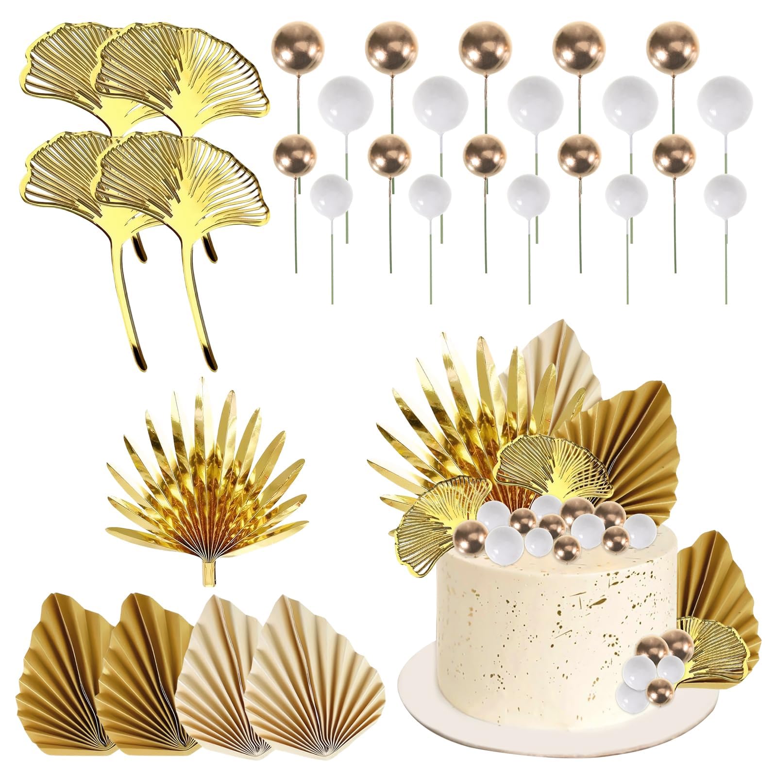 29 Pcs Gold Cake Decorations, Palm Leaf Topper, White and Golden Cake Balls, Golden Ginkgo Leaves for Weddings, Birthdays, Babies Bath, Christmas (Gold)