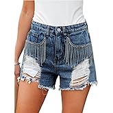 Unilexi Womens Fashion Ripped Fringe Jeans Shorts High Waisted Sequins Distressed Frayed Denim Shorts