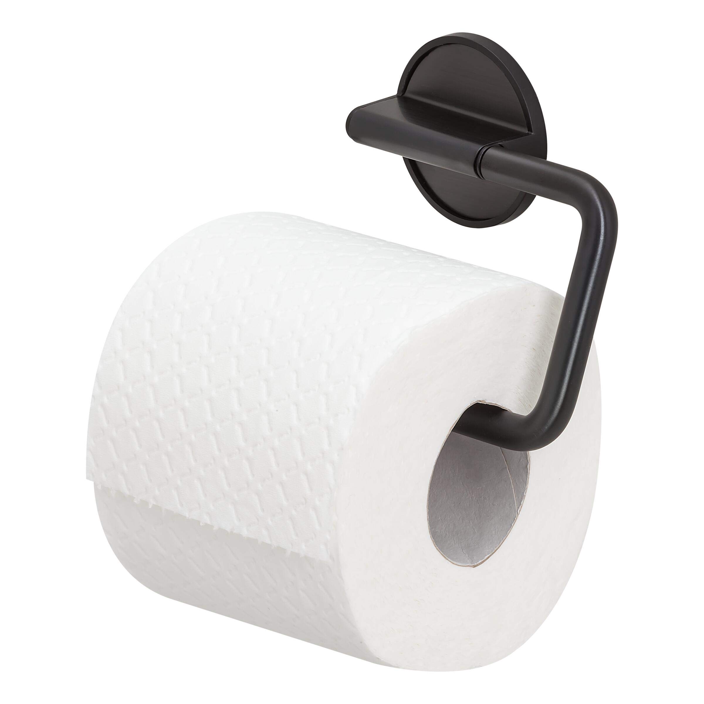 Tiger Tune Toilet Roll Holder, No Drilling Required Thanks to 3M Self-Adhesive Backing System, Optional Mounting with Screws and Plugs, Black Metal Brushed, Black, 15 x 10 x 2.6 cm