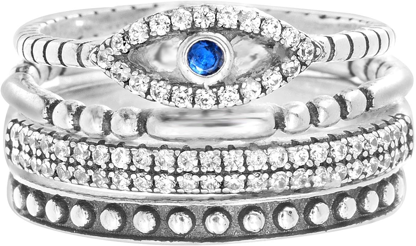 Oxidized Sterling Silver Multi Pack Cubic Zirconia Stackable Eternity Ring for Women Set Evil Eye