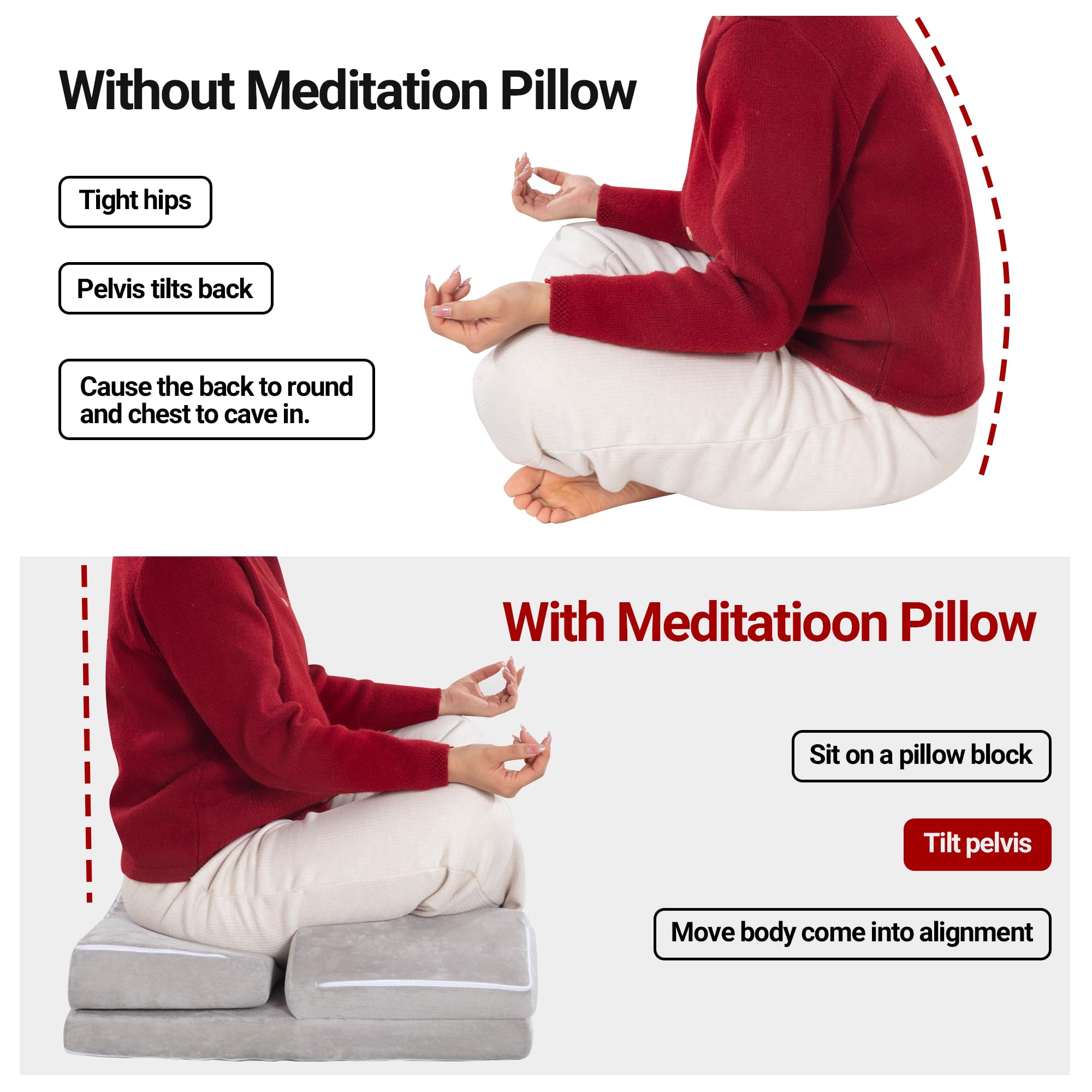 HOMBYS Meditation Cushion Foam Meditation Pillows for Sitting on Floor, Large Yoga Pillow for Adult, Meditation Mat with 2 Knee Cushions and Hip Support-3 Shapes for Different People-Supportive - Image 6