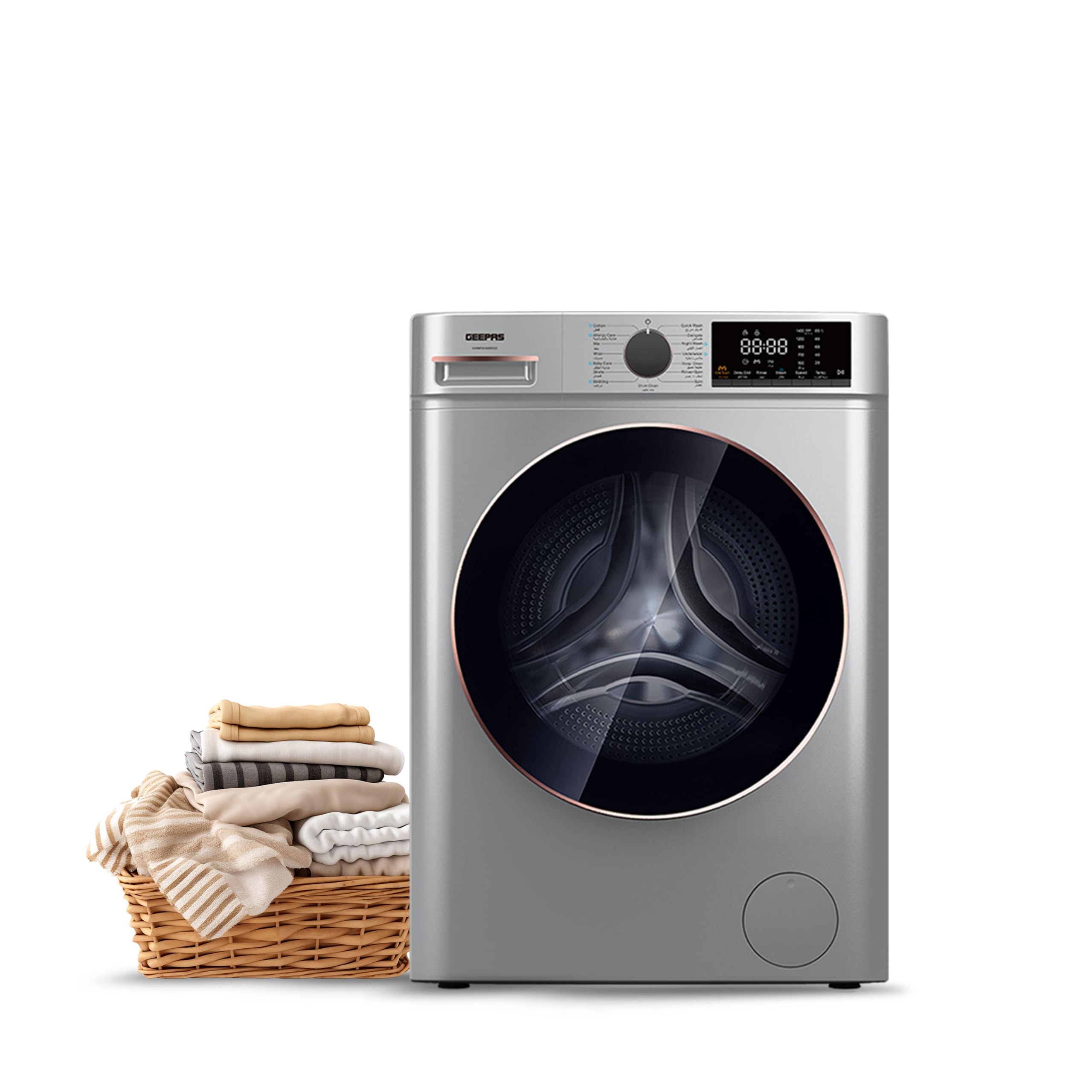Geepas GWMF1041SRG washing machine with feature icons