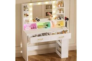 COMHOMA Vanity Desk with Lighted Mirror and Power Outlet, RGB LED Lights Makeup Vanity Set for Girls, Large Storage Capacity Dressing Table for Bedroom, 3 Lighting Modes Adjustable Brightness, White