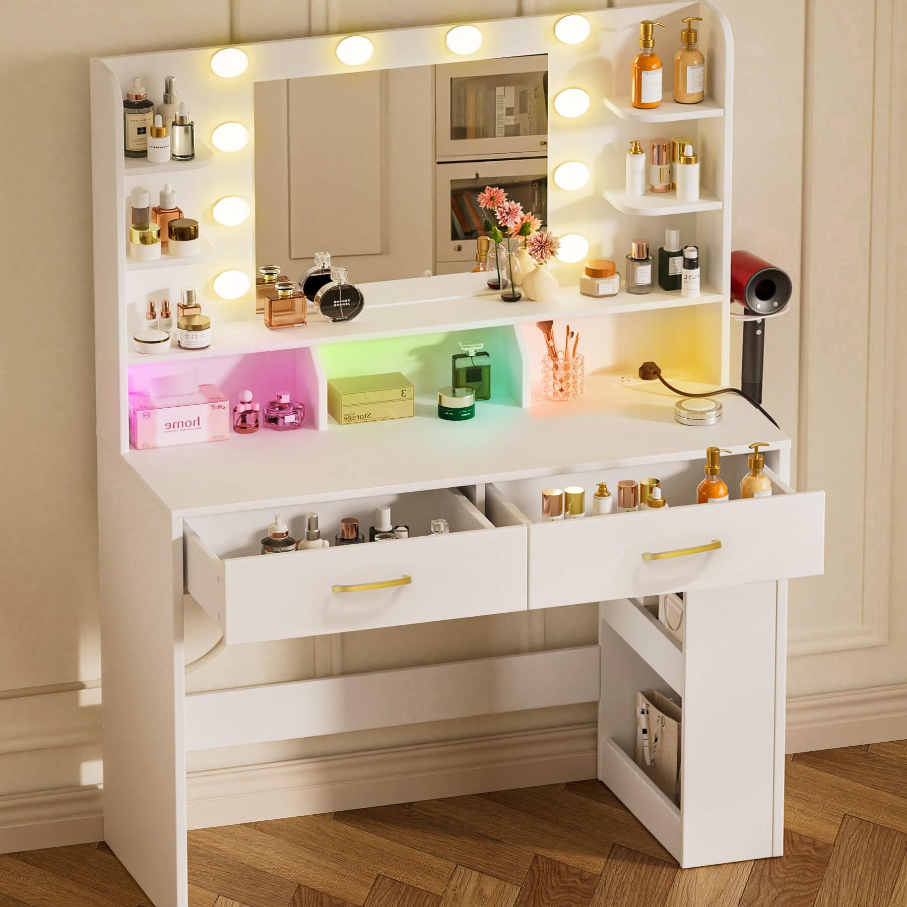 Photo 1 of **NO MIRROR , JUST DESK**
COMHOMA Vanity Desk with Lighted Mirror and Power Outlet, RGB LED Lights Makeup Vanity Set for Girls, Large Storage Capacity Dressing Table for Bedroom, 3 Lighting Modes Adjustable Brightness, White