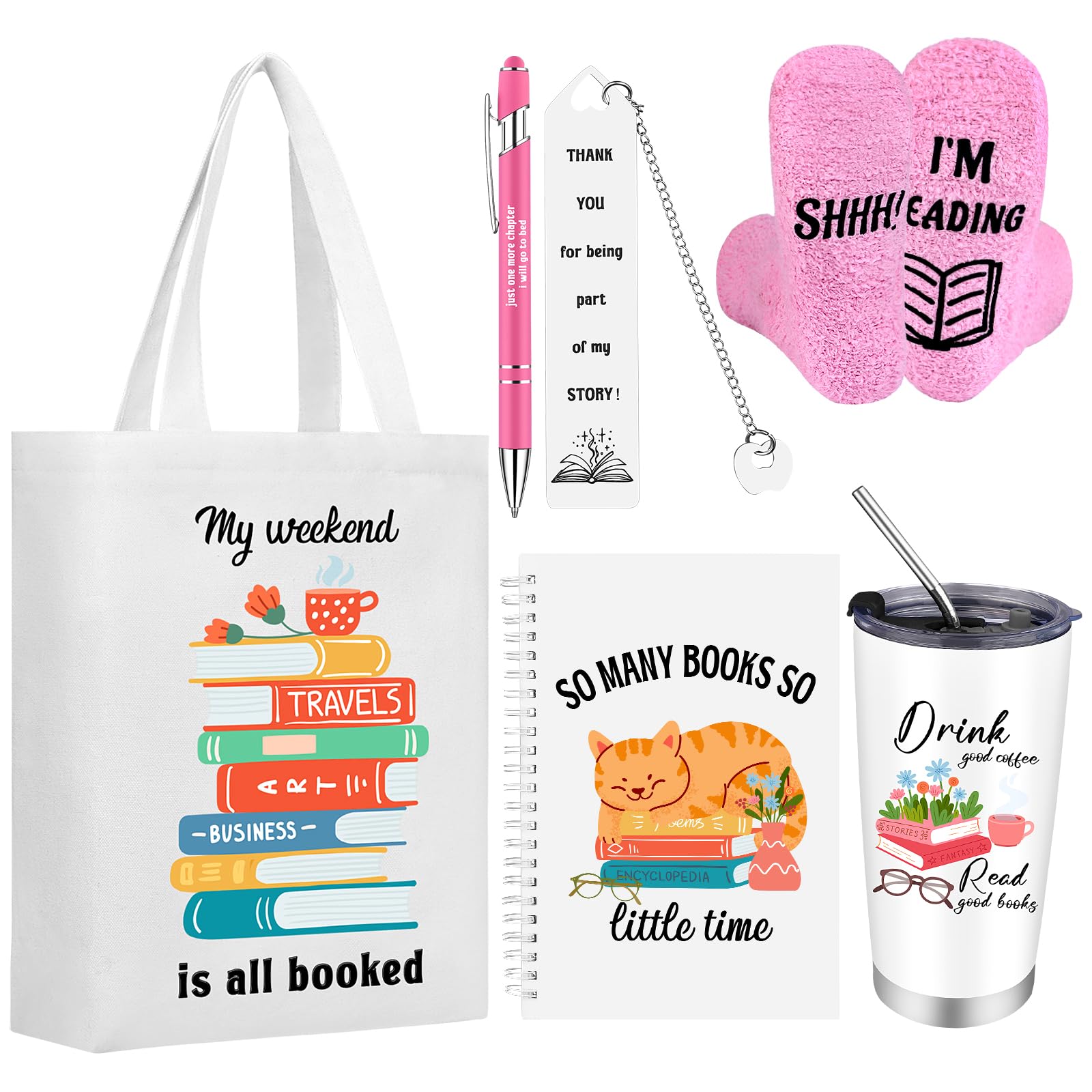 ULELE 6 Pcs Book Lovers Gifts Readers Gift Set Book Accessories with Canvas Bag 20oz Tumbler Socks Bookmark Notebook Ballpoint Pen Book Club Book Themed Gift For Reader Women Librarian