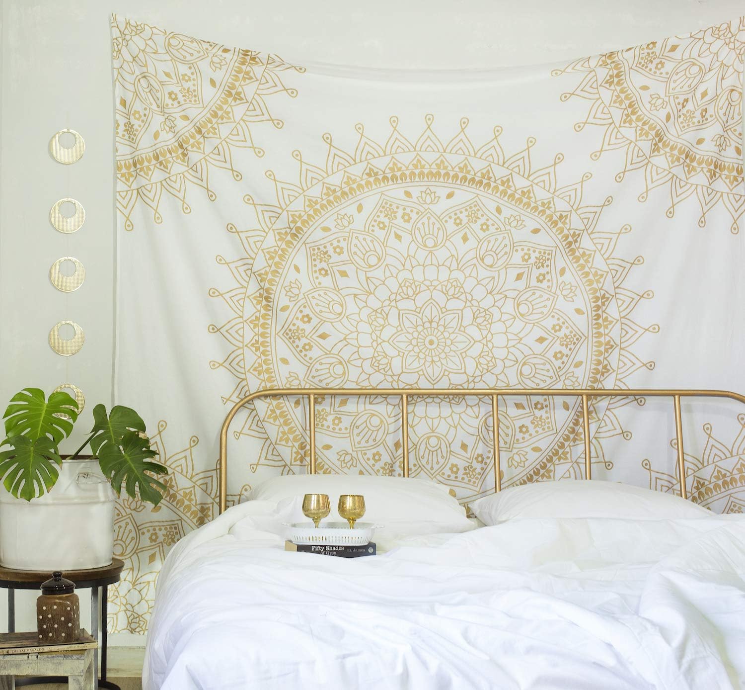 Madhu International Cotton Handicrafts Hippie Mandala Tapestry - Indian Psychedelic Bohemian Mandala Tapestries For Wall Hanging, Beach Throw, Bedsheet, Table Cover, Yoga Mat - Twin, White Gold (54 x 80 Inches / 140 x 205 CMs)