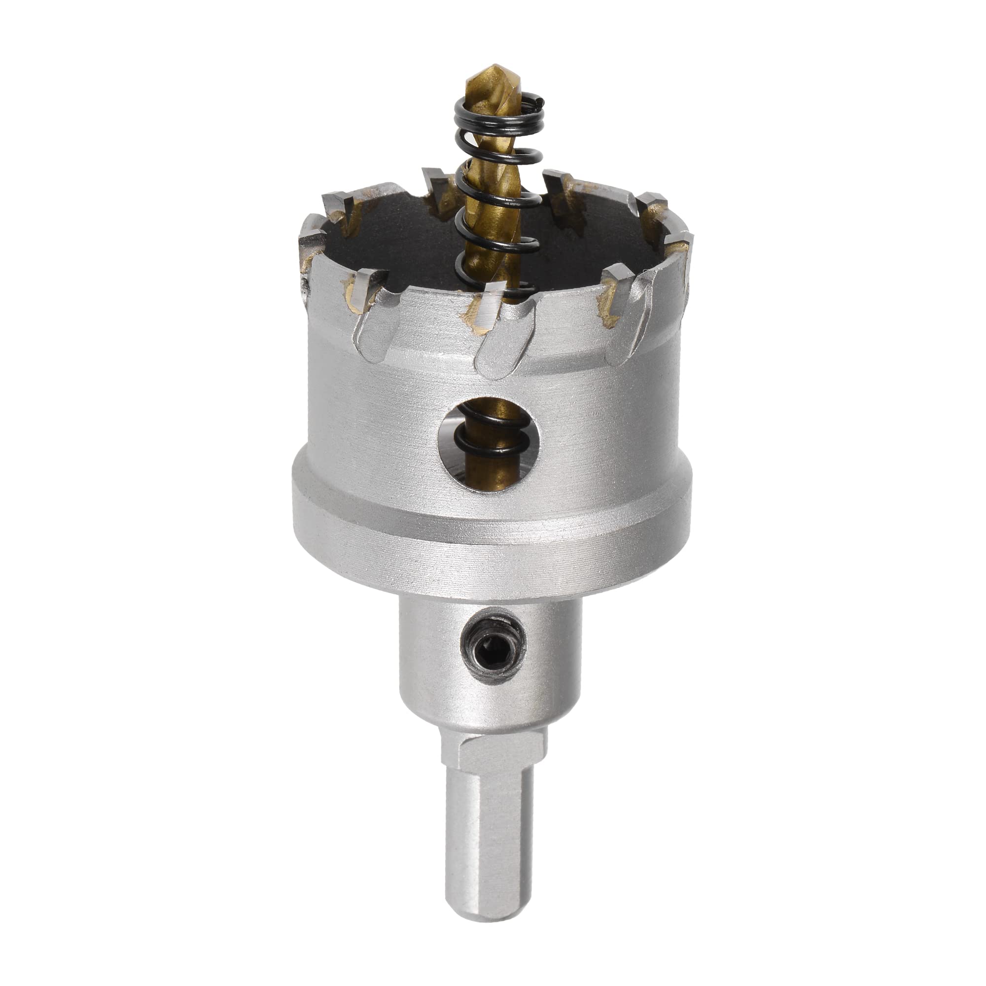 sourcing map 42mm Carbide Hole Cutter, Hole Saws for Stainless Steel Sheet Metal, Non-slip Triangular Shank Limit Step, with Titanium Coated Center Drill