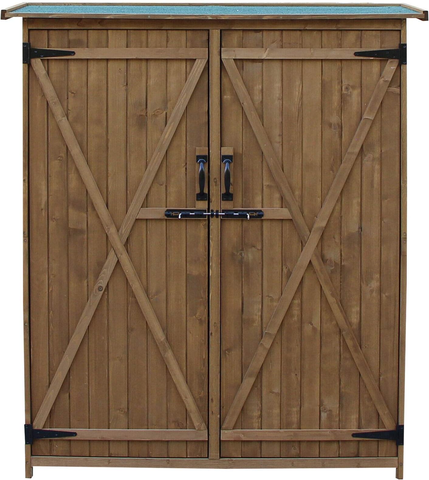 2 Doors Solid Wood Storage Shed for Long Tool with Waterproof and Lock Sturdy and Eco-Friendly Sloped Asphalt Roof Spacious Space Storing Garden Tools, Lawn Care Equipment Backyard