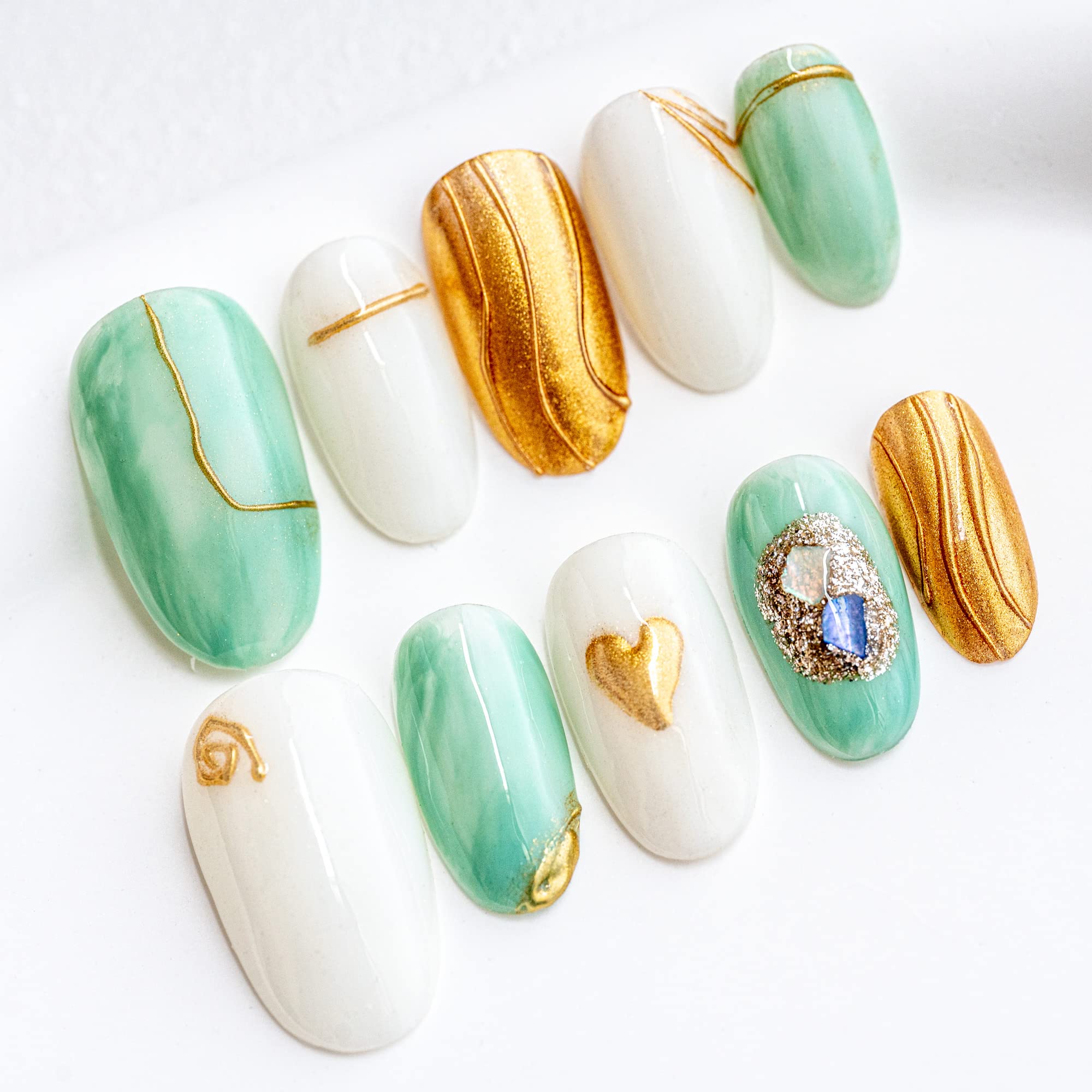Sun&Beam Nails Handmade Press On Nail Medium Oval White Acrylic Fake Tip 3D Irregular Design Art Charms Cute with Storage Box 10 Pcs (M)