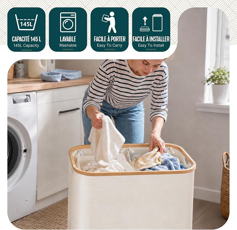 ® Cesto Ropa Sucia con Tapa 145L Cesta para la Colada Cubo Ropa Sucia Plegable con Ruedas Bolsas Interiores Extraíble Asas de Bambú Laundry Basket para Lavandería Dormitorio Cuatro de Baño Beige