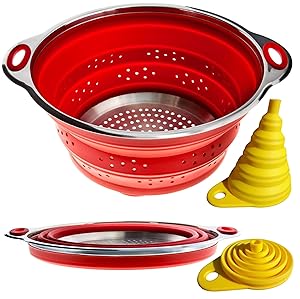 Combo of Collapsible Colander & Folding Funnel - Each Folds to 1 Inch. Silicone & Stainless Steel Kitchen Gadget. Camper/Trailer/RV Accessories for Organization and Storage Solutions. Red Strainer