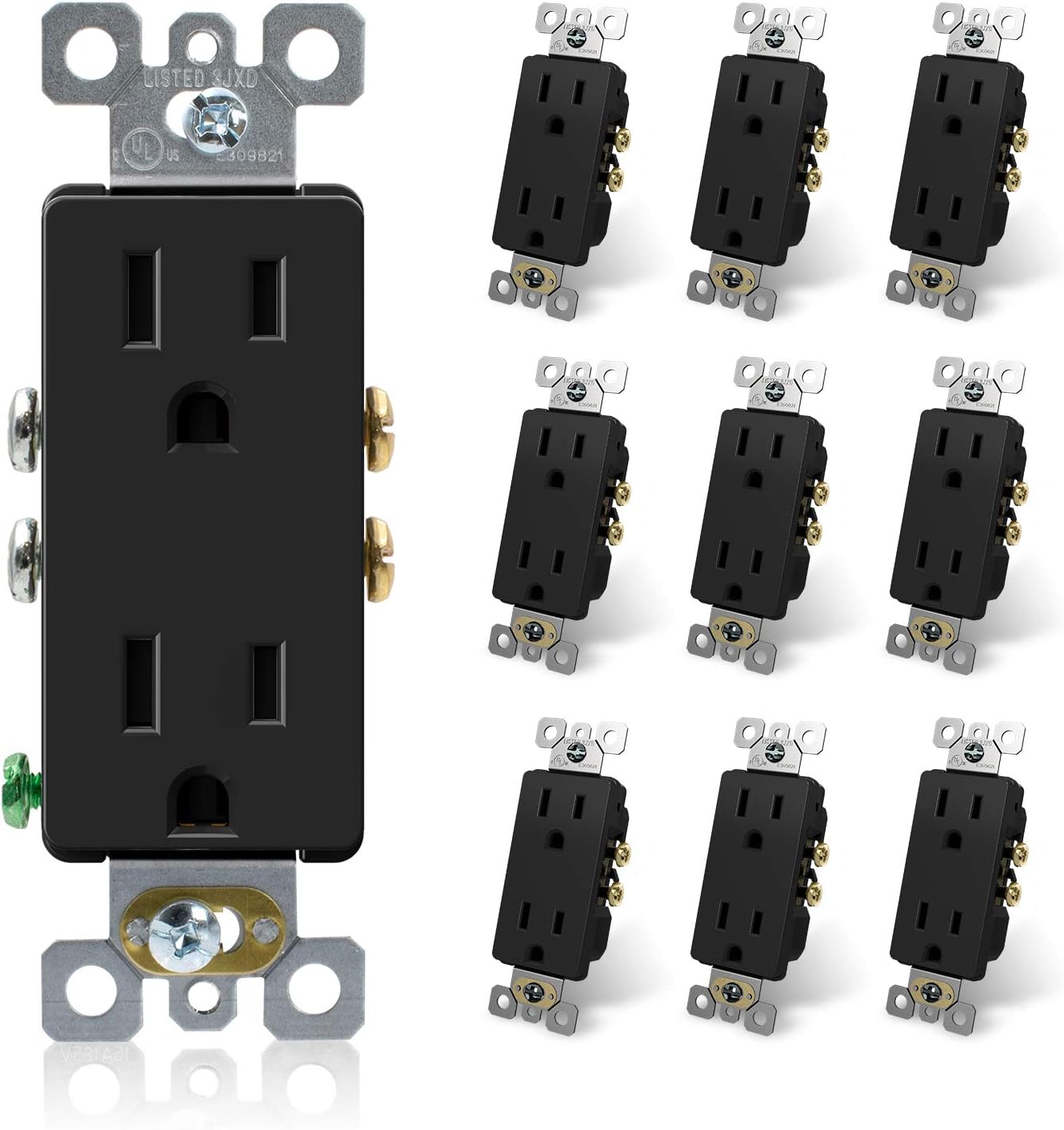ELEGRP Decorator Receptacle, 15A 125V Standard Electrical Wall Outlet, 2 Pole 3 Wire, NEMA 5-15R, Self-Grounding Residential Grade Straight Blade Decorative Duplex Outlet, UL (Glossy Black, 10 Pack) - - 