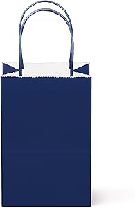 24 Counts Food Safe Premium Paper and Ink Small 8.5” X 5.25”, Vivid Colored Kraft Bag with Colored Sturdy Handle, Perfect for Goodie Favor DIY Bag, Environmentally Safe (Small, Navy)