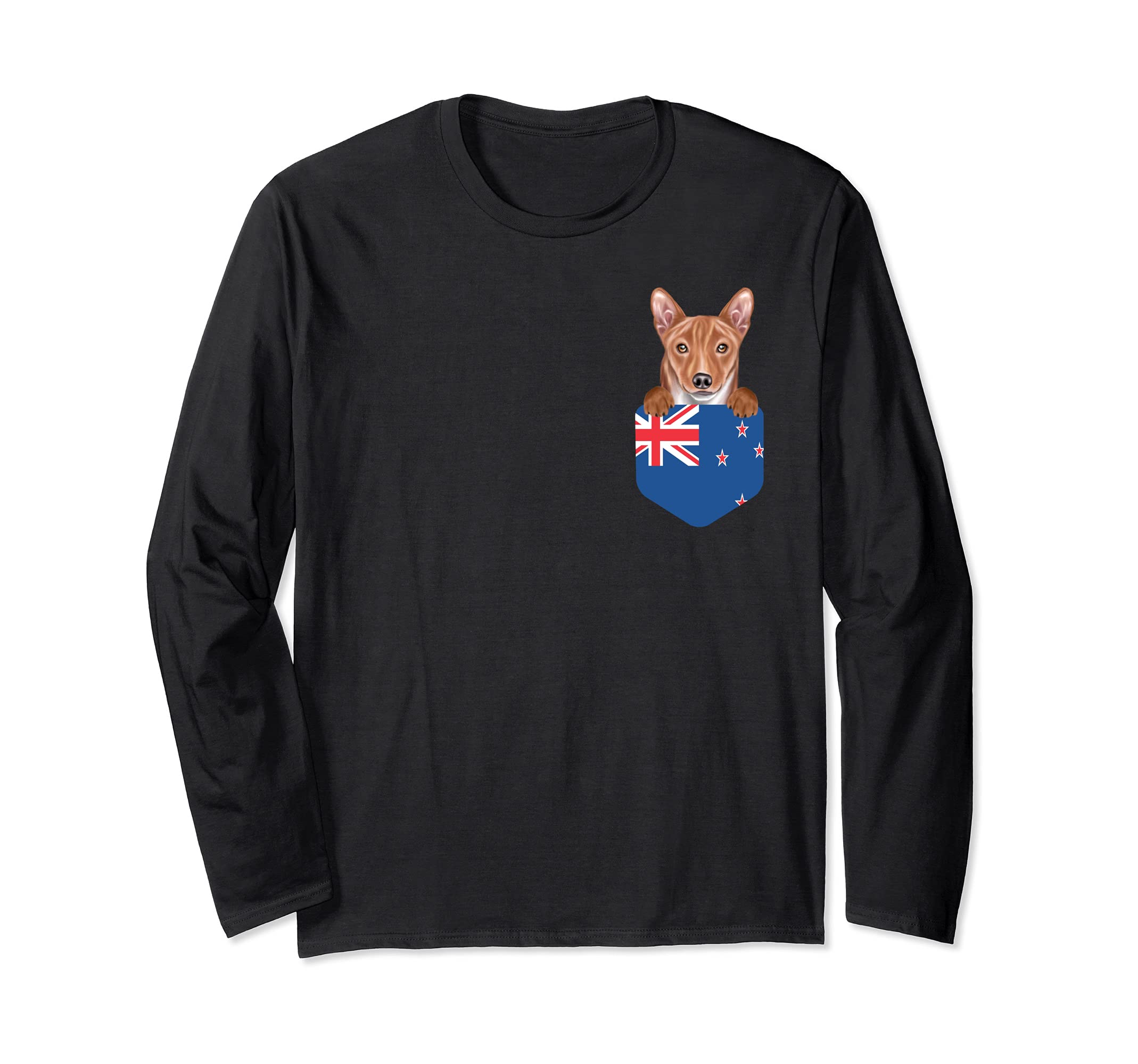 New Zealand Flag Basenji Dog In Pocket Long Sleeve T-Shirt