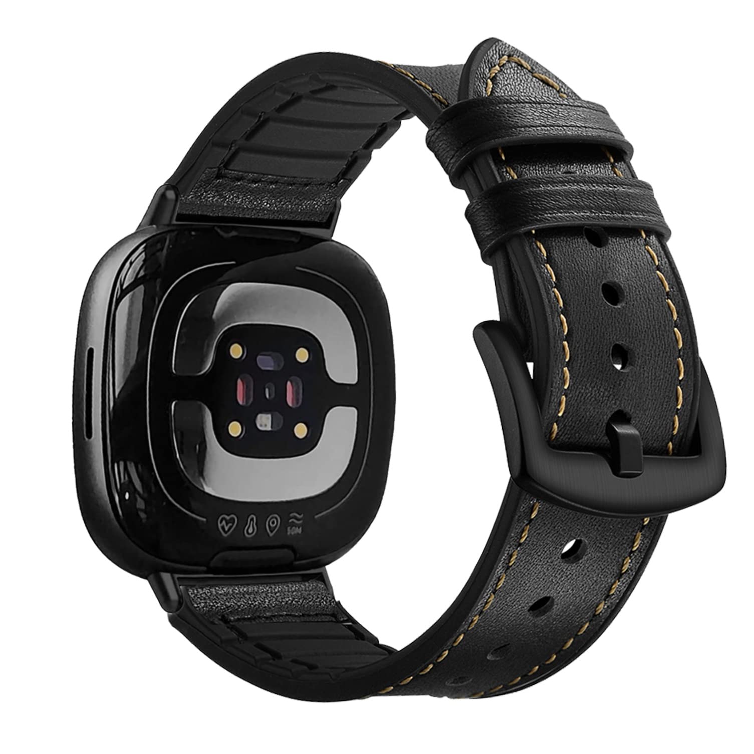 YOOSIDE Leather Watch Strap for Fitbit Versa 4 / Versa 3, Genuine Leather Silicone Hybrid Men Wrist Bands with Stainless Steel Clasp for Fitbit Sense 2 / Sense (Black)