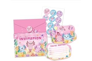 WADACIPPSELLER 12Pcs Axolotl Birthday Party Supplies Axolotl Birthday Party Invitation Cards with Envelopes and Stickers for 
