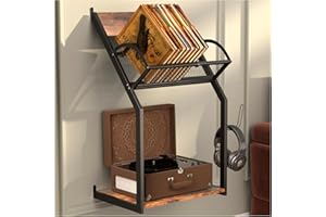 HOYRR Vintage Ironwood Turntable Stand with Storage - Wall Mounted Record Player Table for Vinyl Records