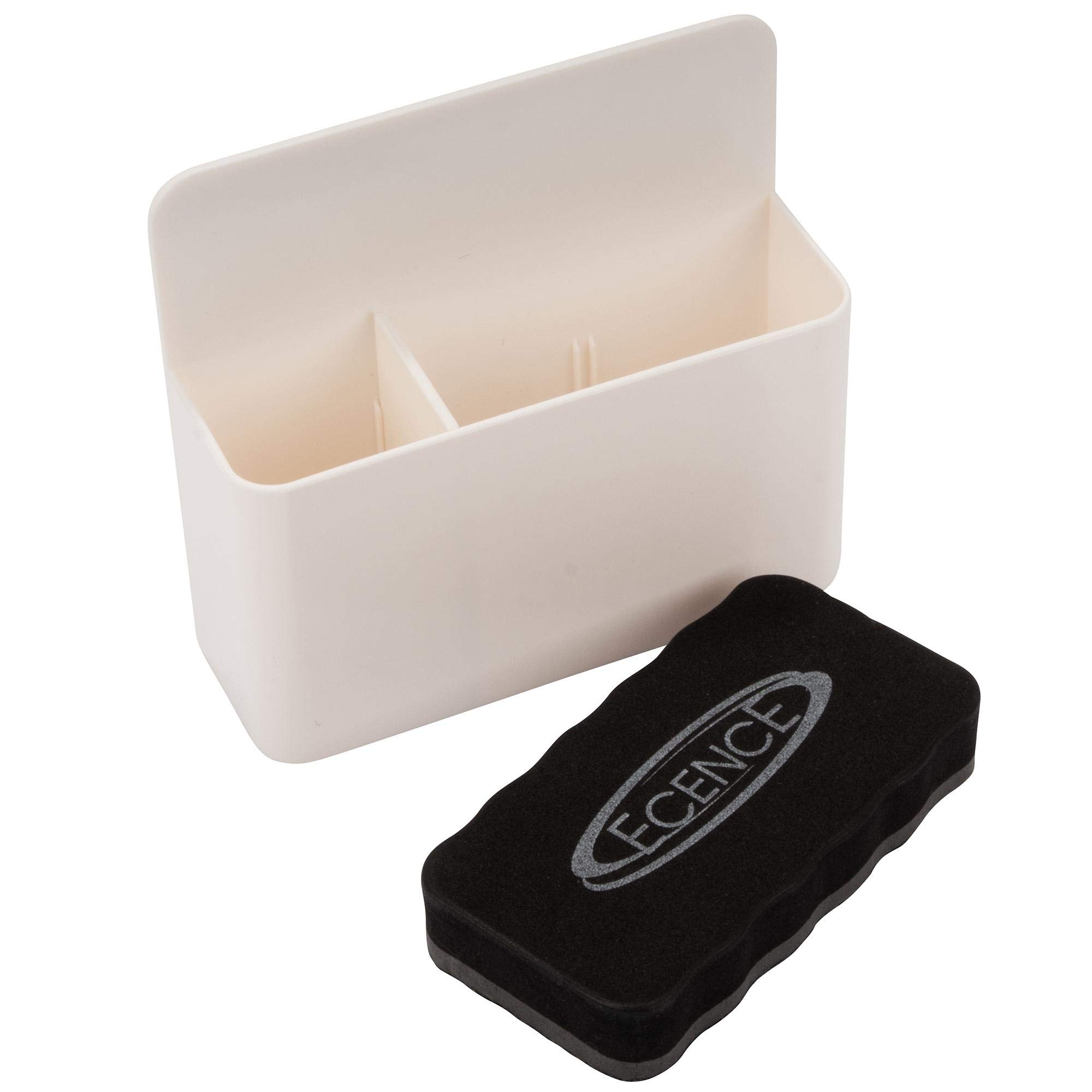 ECENCE Magnetic pen holder for Whiteboard Fridge, Marker Holder with two whiteboard sponge compartments for all magnetic surfaces, Magnetic Pen Pencil Holder, white