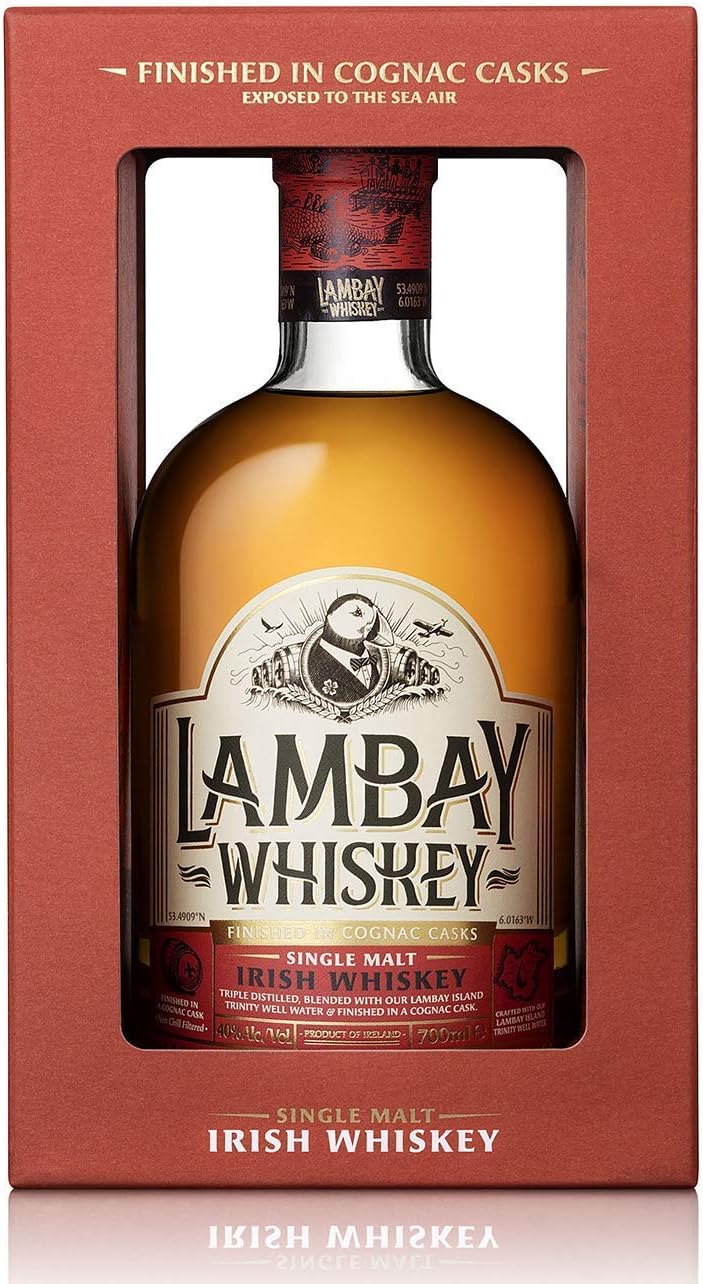 LAMBAY Irish Whiskey - Single Malt Whisky, 70cl, 100 % Malt, Triple Distilled, Bourbon Cask Matured, Finished in Cognac Casks