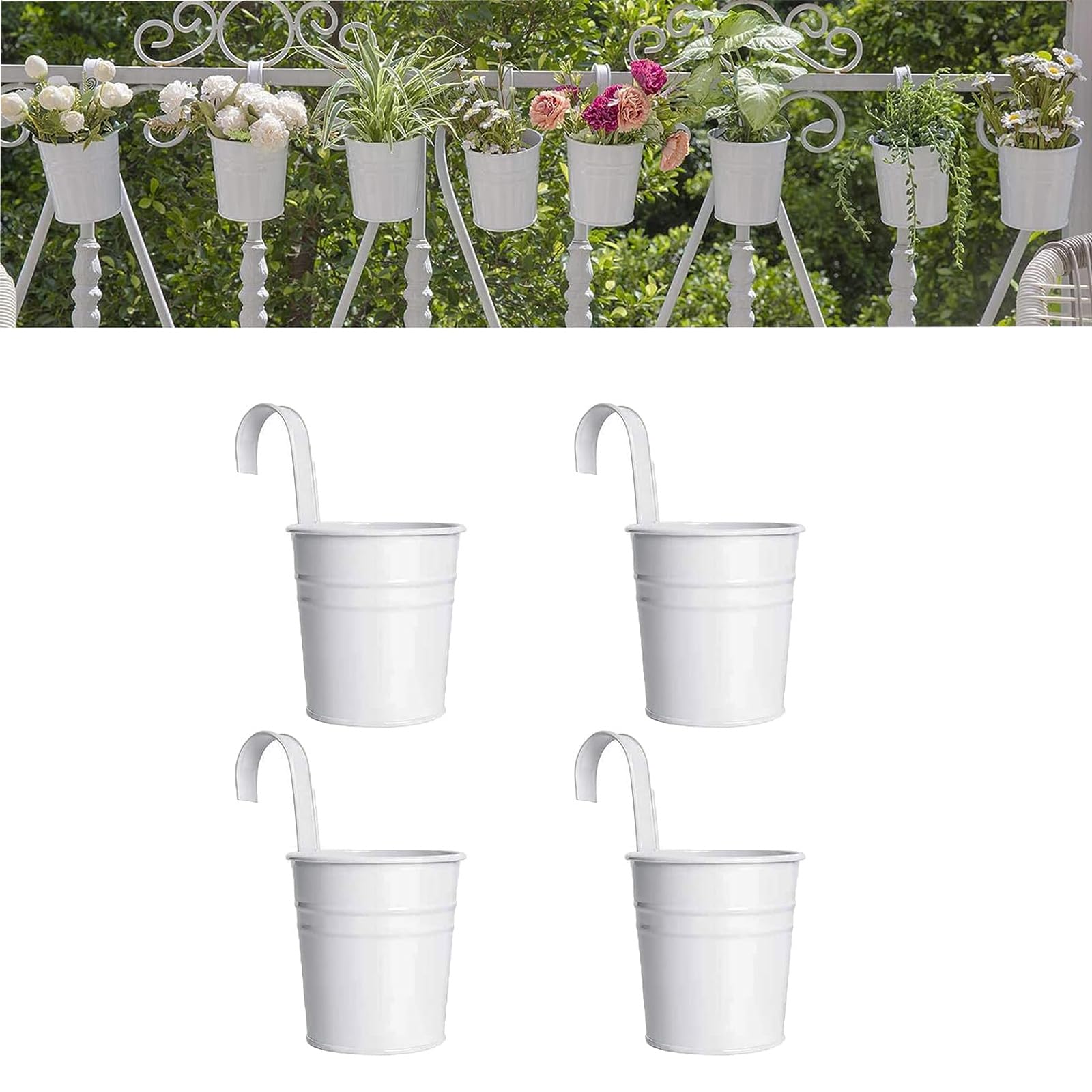 Wensmy 4PCS Metal Hanging Plant Flower Pots with Drainage Hole Fence Balcony Railing Planters Outdoor Garden Pots with Detachable Hooks (White)