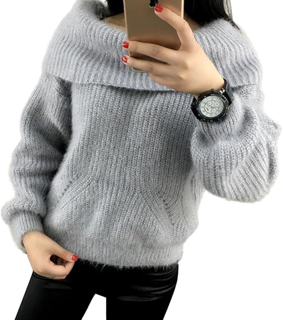 Amazon ノーブランド品 トップス チュニック ニット オフショル 肩出し レディース セーター ざっくり シャギー シャギーニット 無地 シンプル 秋 冬 トレンド セーター 通販